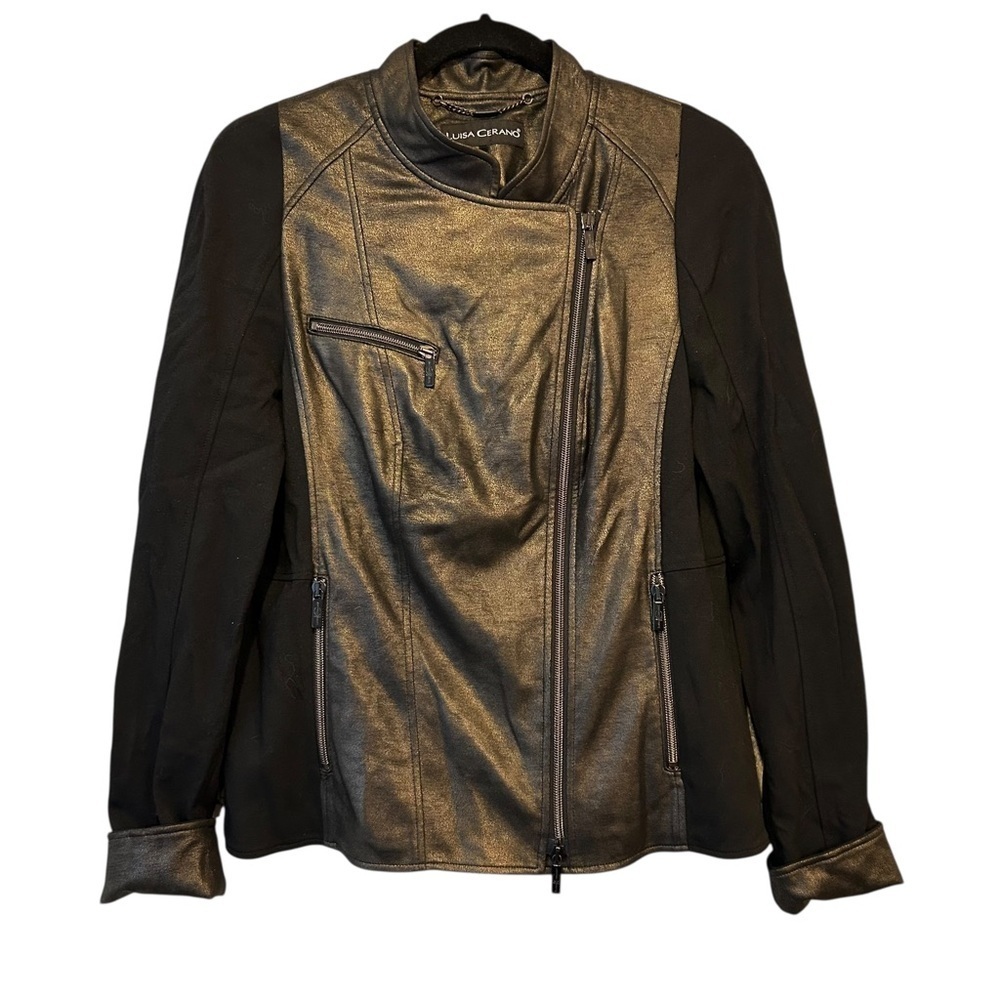 Luisa Cerano Bronze and Black Asymmetrical Zip Front Moto Style Jacket